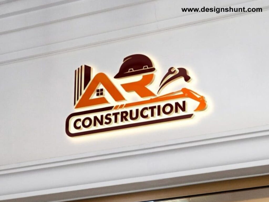 AR Construction Logo Design with construction worker and building under construction