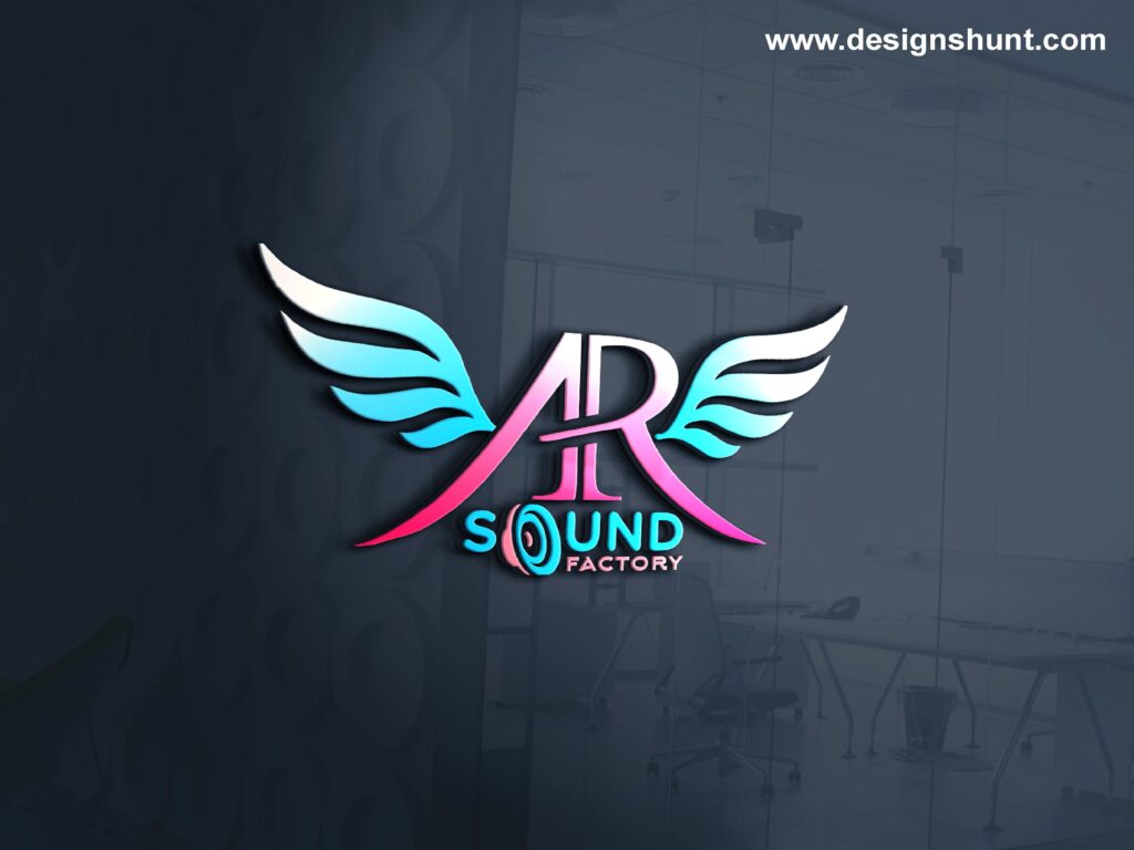 AR Letter Sound Factory 3D vector logo for music industry business, with Wings and speaker