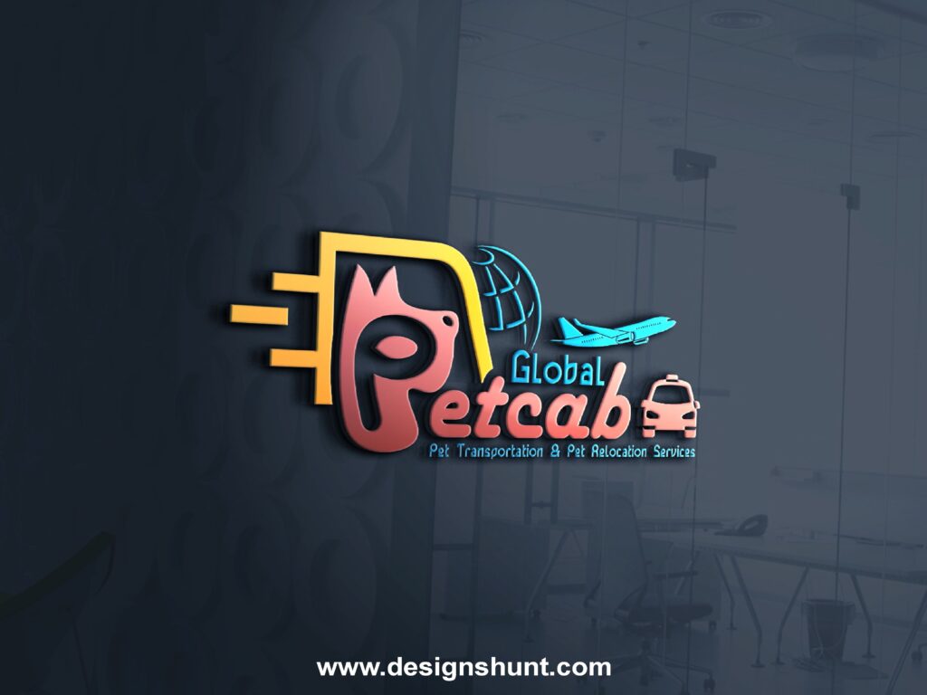 Global air and car road pet transportation services PETCAB 3D business logo designs hunt