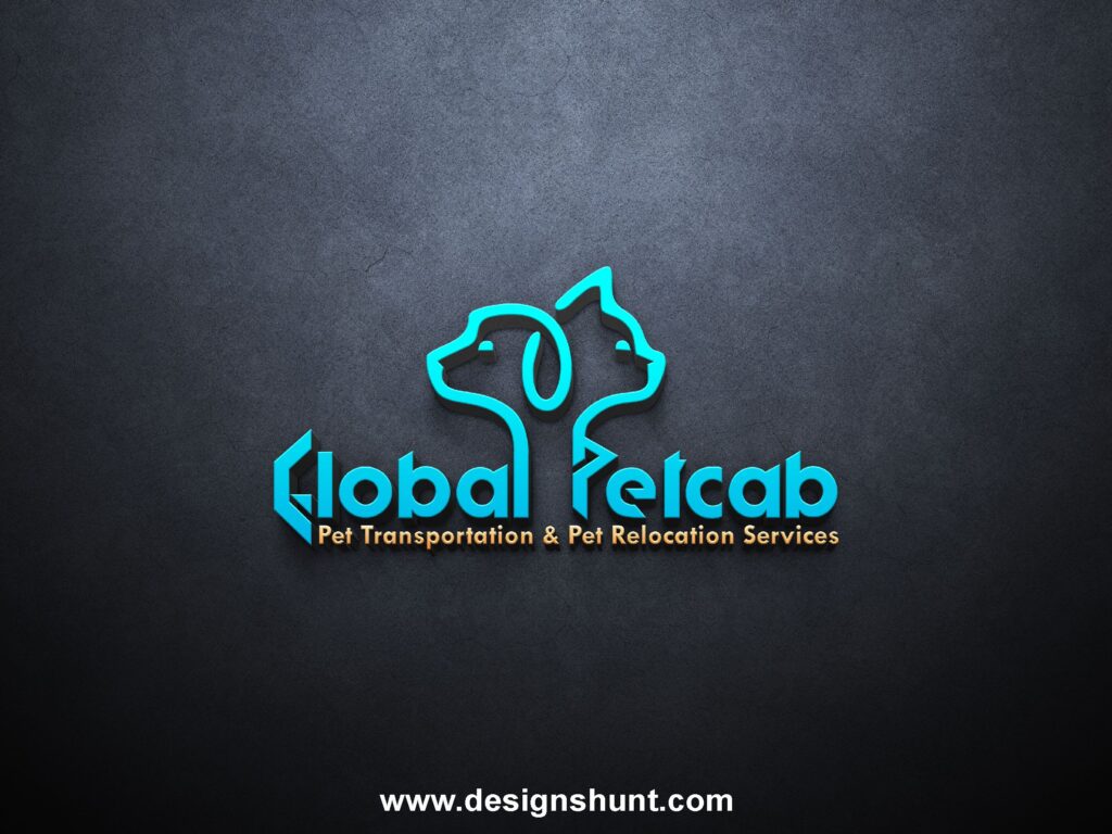 Dog and cat with inline style pet transportation services PETCAB 3D business logo designs hunt
