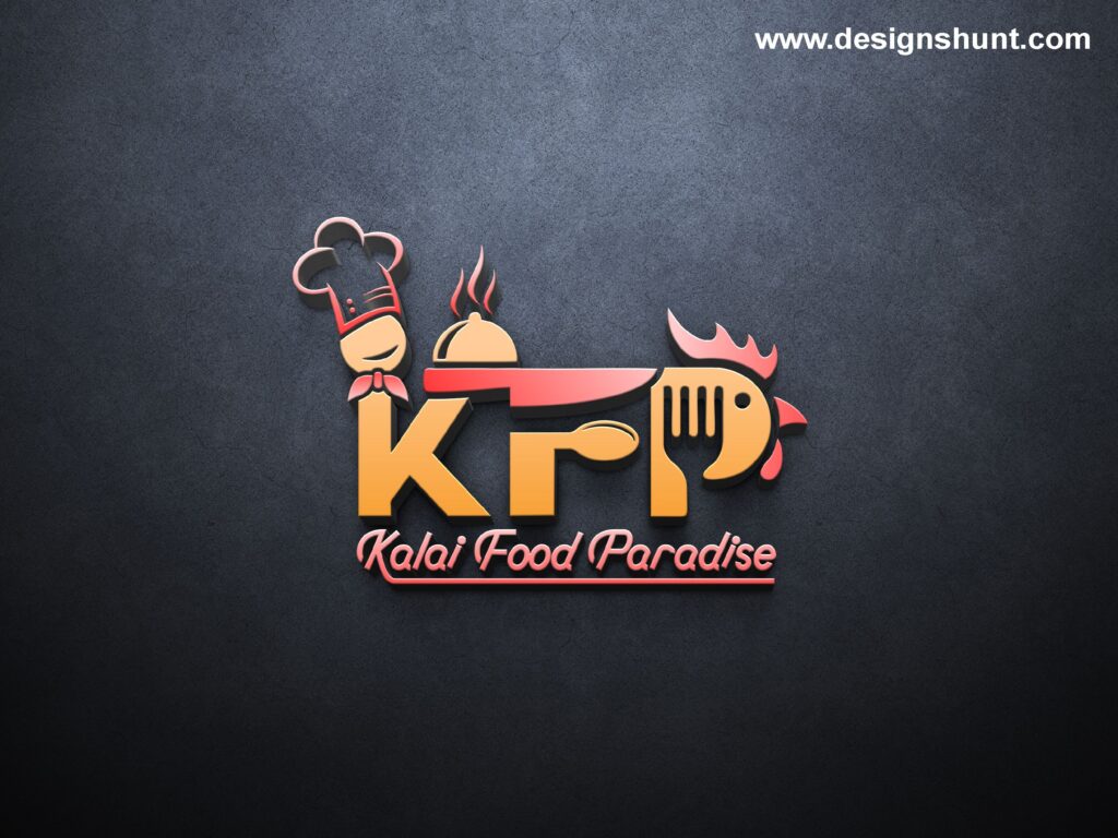 KFP nonveg food restaurant 3d logo design, vector based chicken leg piece with knife and spoon Cheaf logo
