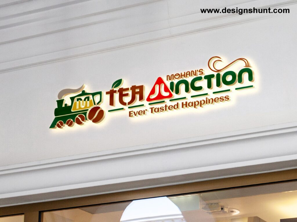 Tea stall shop Junction logo design with tea train and asian font include junction board
