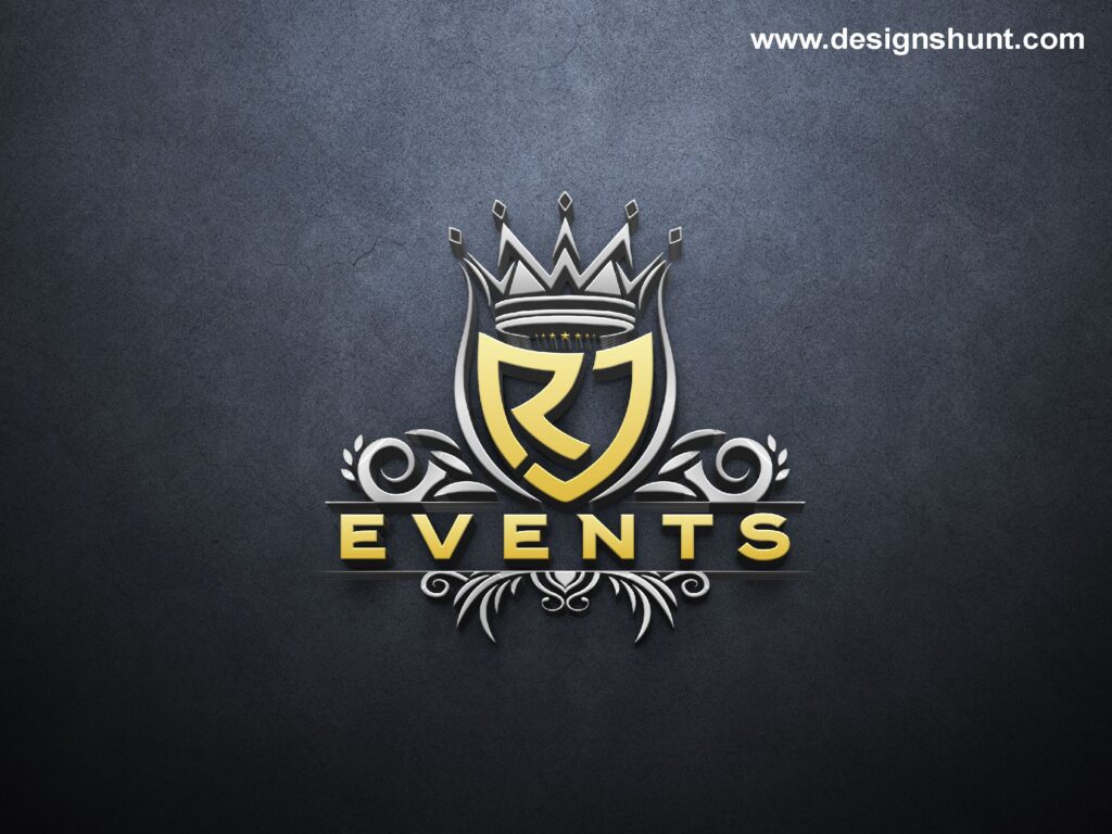 RJ Letter Events management company elegant 3D logo with crown and floral design