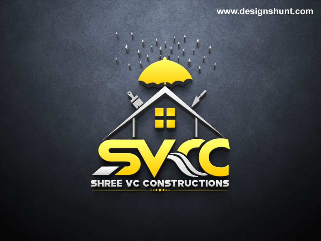 Construction Plaster SVCC construction company logo design with home and umbrella, white and yellow, black background
