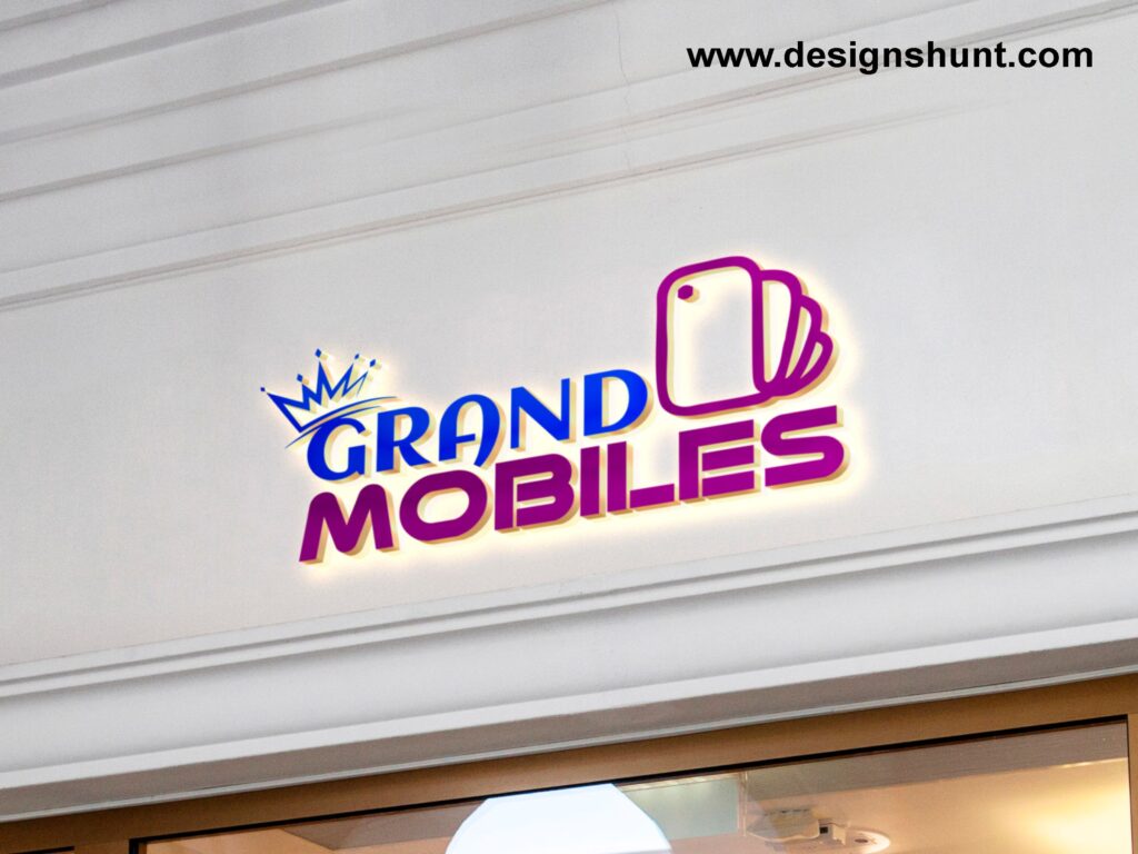 Grand Mobiles with mobile icon and crown electronics mobile shop 3D business logo design