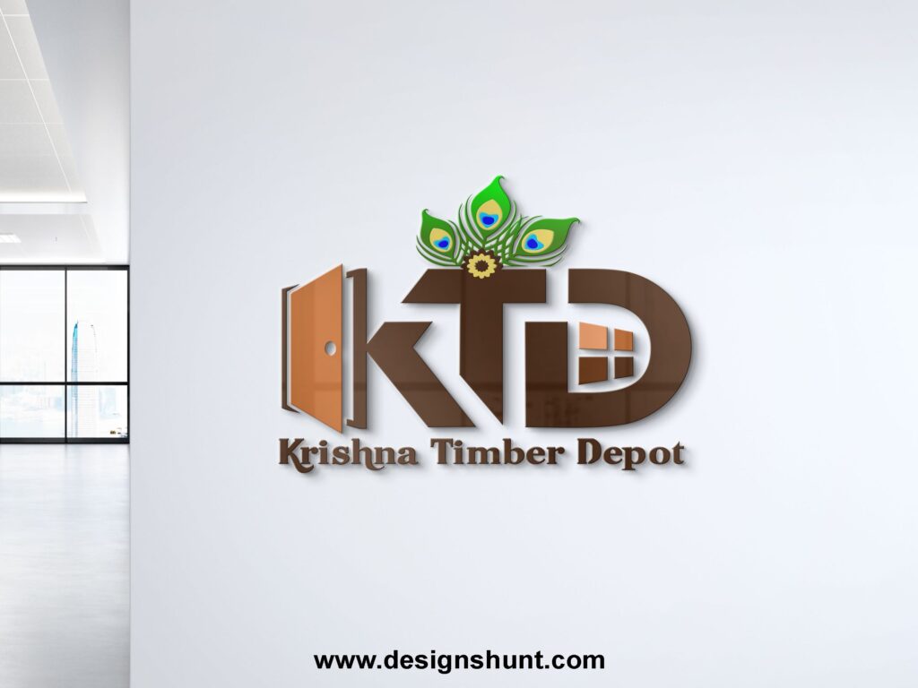Letter KTD, K plywood door, T peacock feather and D with window, plywood company 3D business logo design