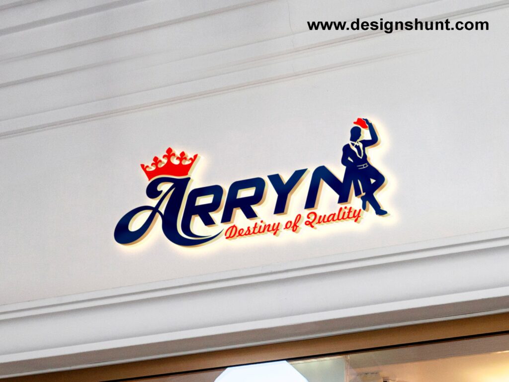 Man standing on letter N and red crown on letter A, ARRYN fashion brand business logo design
