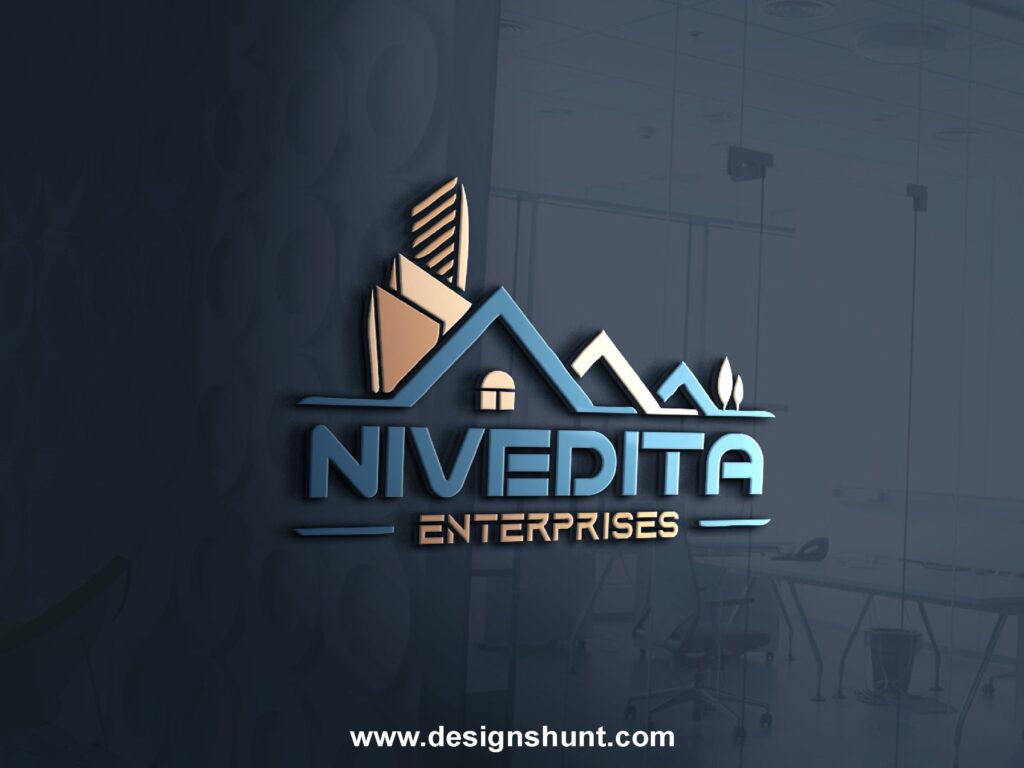 Letter NIVEDITA Real estate ENTERPRISES logo design with building and houses icon 3D custom logo