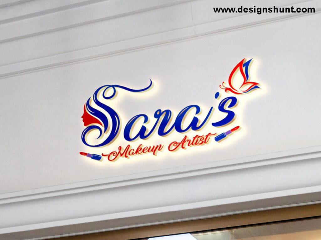 Girl SARA makeup and artist beauty care salon with girl clipart and butterfly, Artistic Letter 3D business Logo Design for women's care
