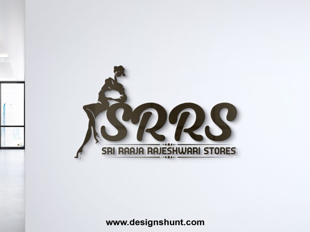 SRRS Sri Raaja Rajeshwari Stores Fashion clothing Brand model sitting on S letter, 3D business logo design