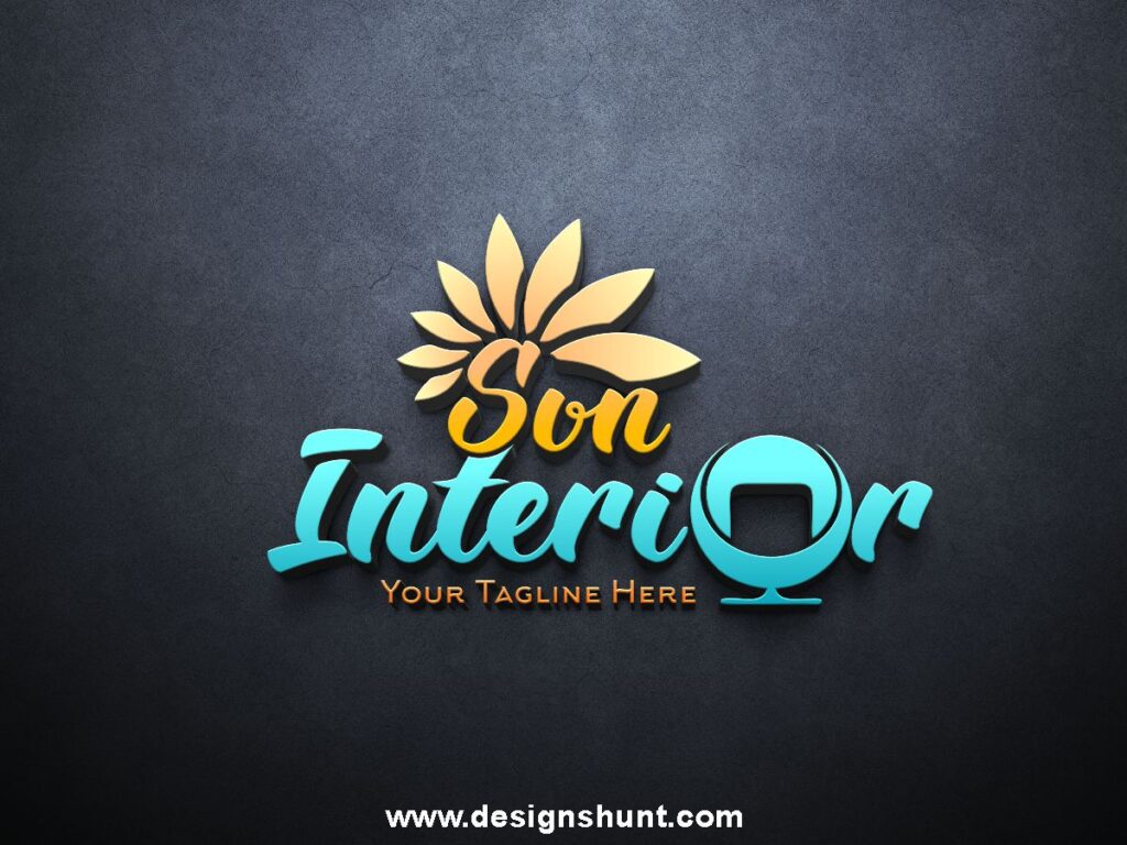 Letter SUN with golden sunflower and Interior with O capital with decorative chair 3D custom business logo design for interior and achitect company