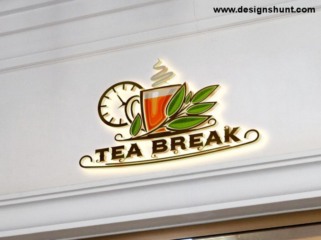 Clock with tea and leaf Tea stall restaurant 3D Business Logo Design