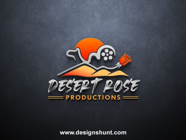 Desert Rose Productions custom film making logo design with sun on camel and res rose on desert design