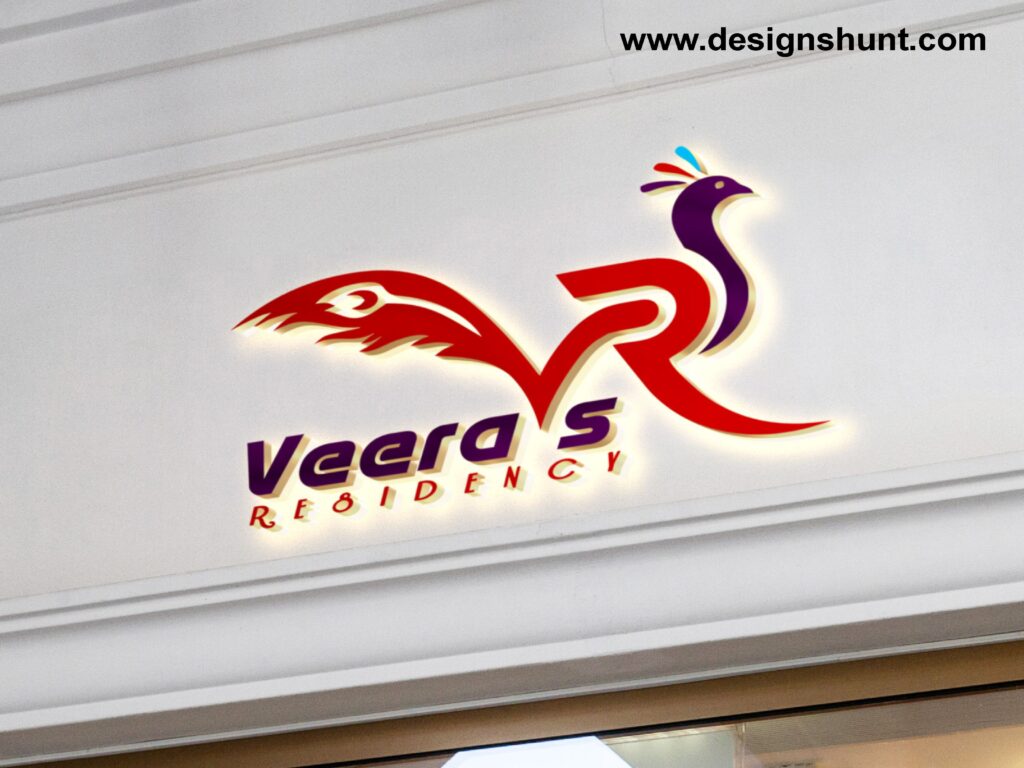 Veera Residency Event Management Hotel and restaurant business logo design with peacock on VR letter